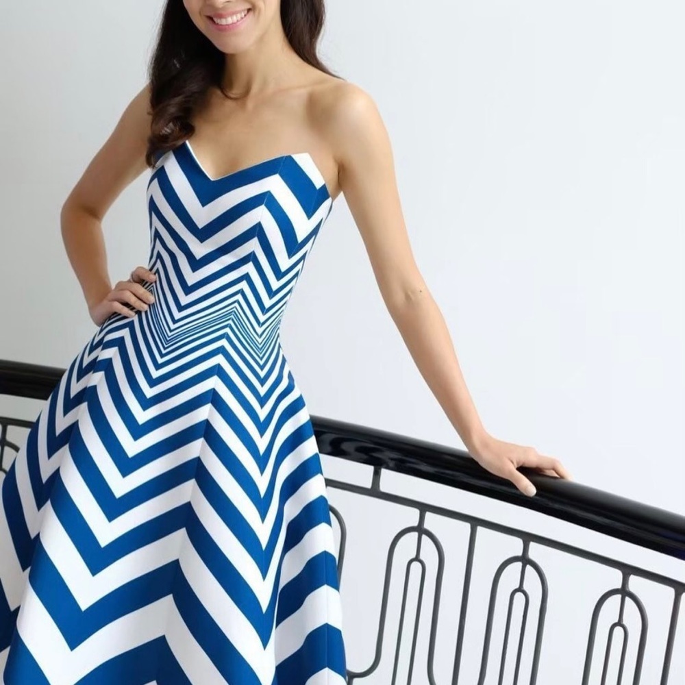 Poem Bangkok "Chevron" Printed navy blue stripe on off-white A-line corset dress